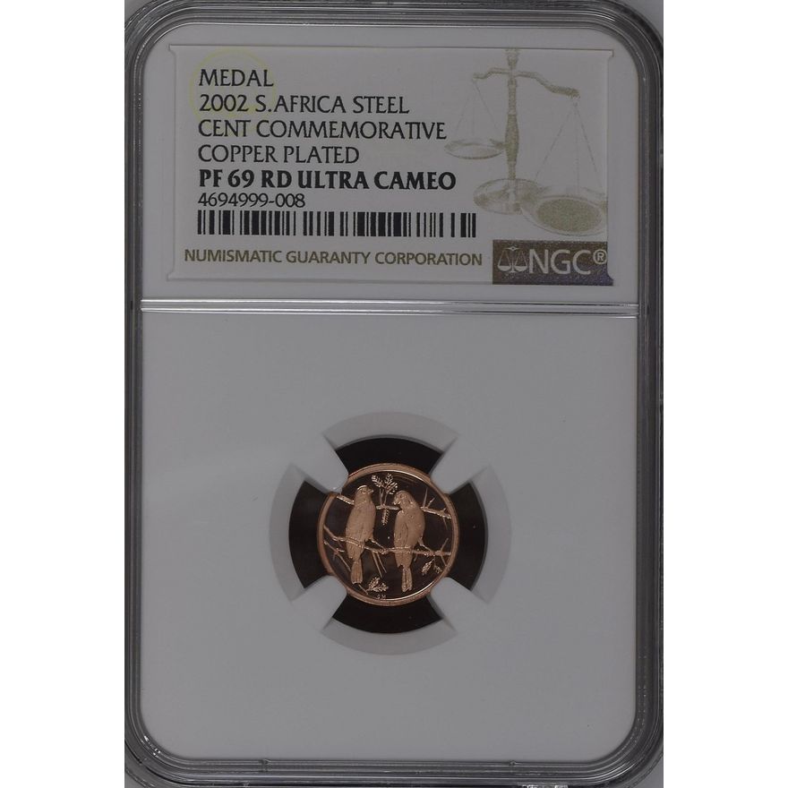 2002 South Africa Steel Cent Medal Commemorative Copper Plated PF 69 RD Ultra Cameo NGC. Finest Known