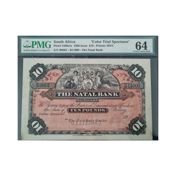 South Africa, The Natal Bank 10 Pounds 1906 "Color Trial Specimen" S/N B8001/B11000 (Choice UNC 64)