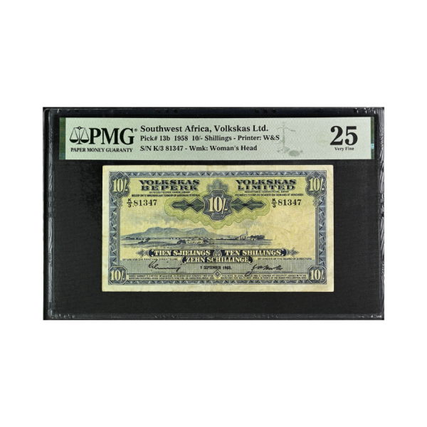 1958 Southwest Africa, Volkskas Ltd. 10 Shillings S/N:K/3 81347 (Very Fine 25)