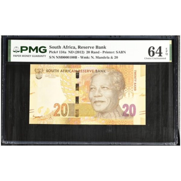 South Africa, Reserve Bank Pick#134a ND (2012)20 Rand - Printer: SABN S/N NM0000100B- Wmk: N. Mandela & 20 64 Choice Uncirculated