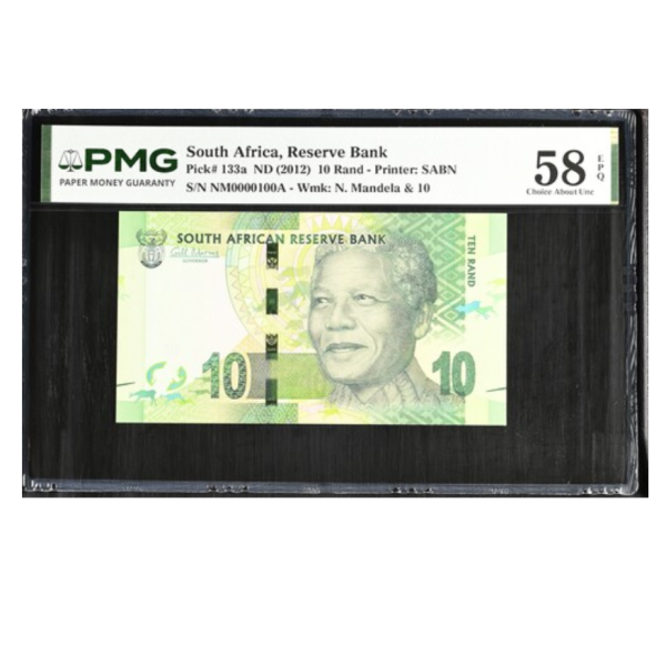 South Africa, Reserve Bank, Pick#133a ND (2012)10 Rand-Printer: SABN S/N NM0000100A- Wmk: N. Mandela & 10